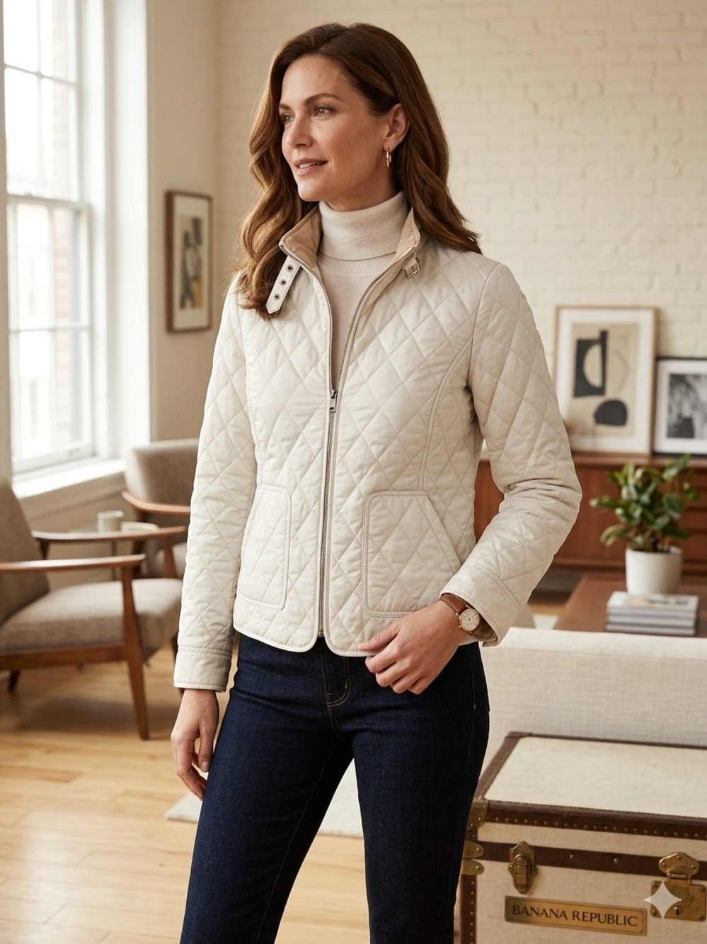 Banana Republic Quilted Womens Ivory Equestrian Corduroy Collar Jacket Sz M